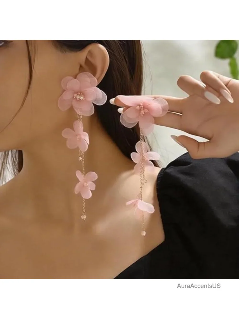 Pink Flower Tassel Earrings, Long Chain Dangle Drop, Boho Statement Jewelry for